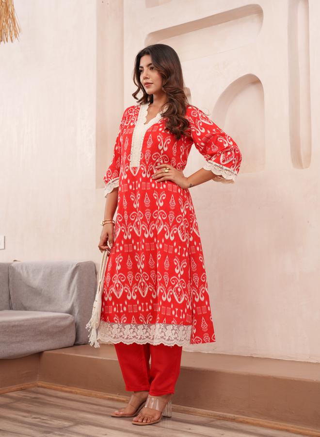 DW Women Ethnic Motif Print V Neck Straight Kurta and Trousers Co-Ords - Image 3